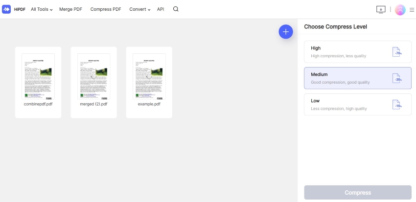 selecting compression level on hipdf compress