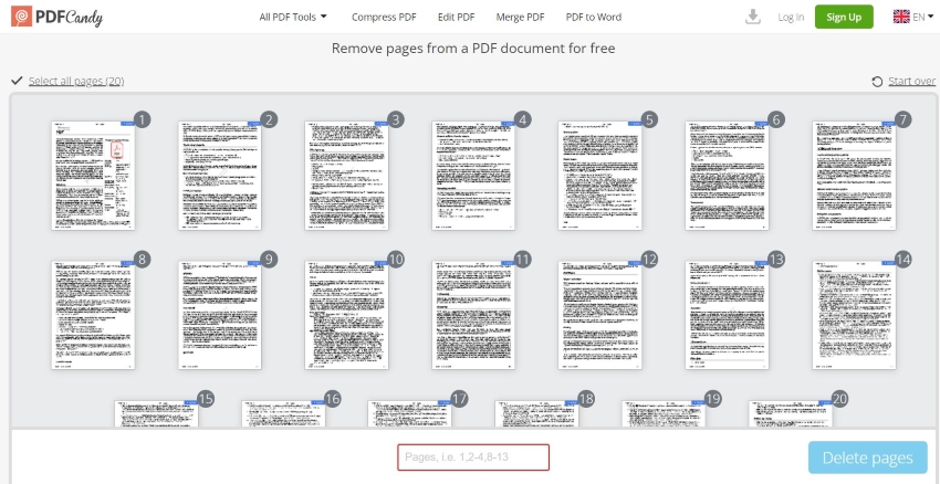 choosing pages to delete with pdfcandy
