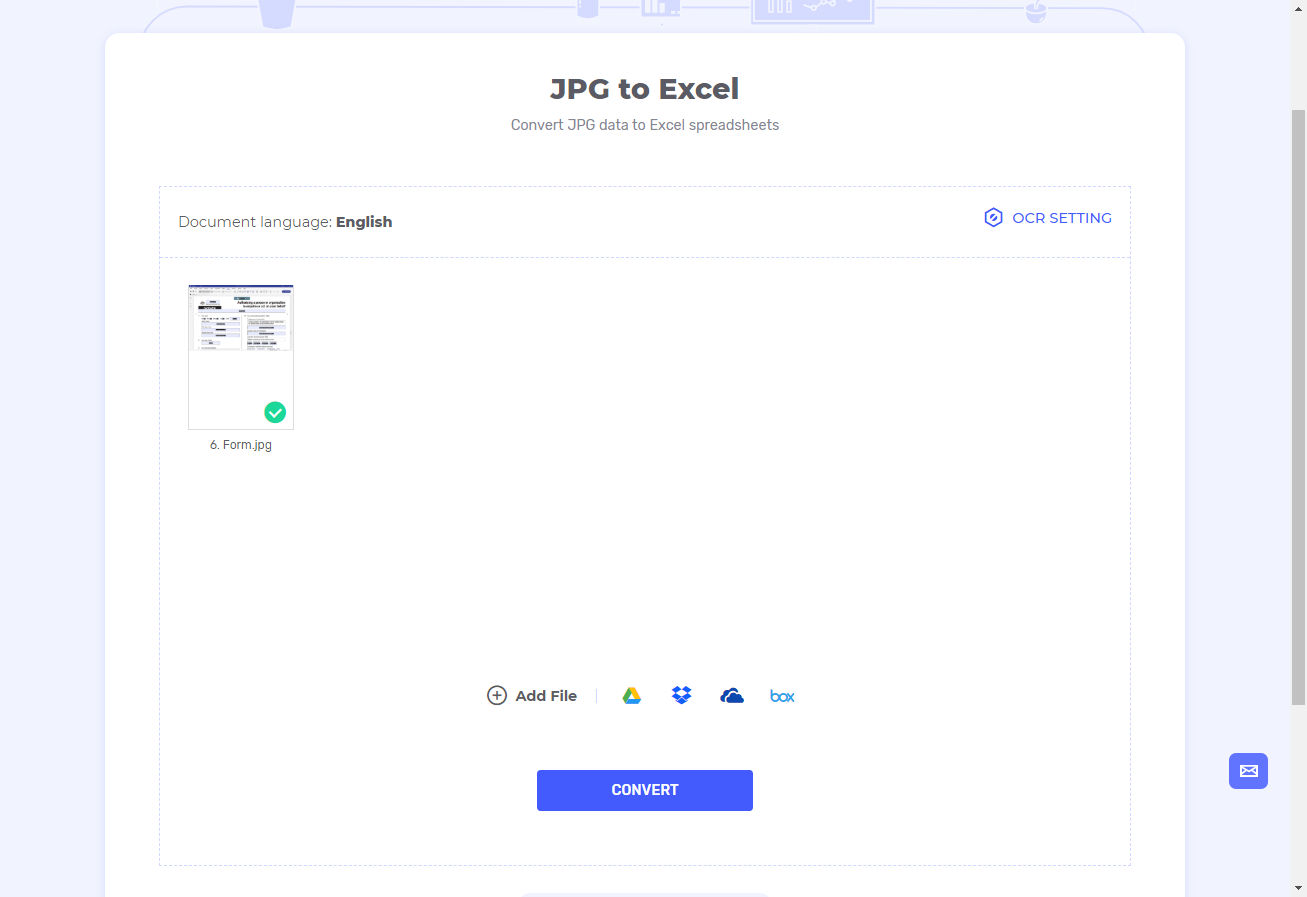 upload jpg to excel